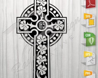 Celtic Cross and Shamrock | Irish Cross, Stencil, Outline, SVG, Vector Cut file for Printing, Cutting, Engraving.