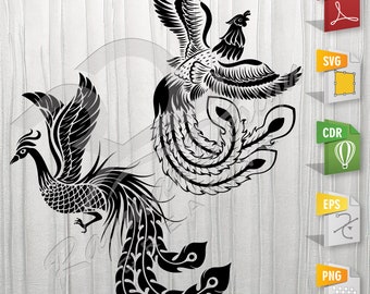 Phoenix Chinese |  Stencil, Outline, SVG, Vector Cut file for Printing, Cutting, Engraving.