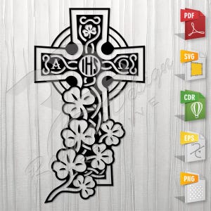 Celtic Cross with Shamrock | Irish Cross, Stencil, Outline, SVG, Vector Cut file for Printing, Cutting, Engraving.