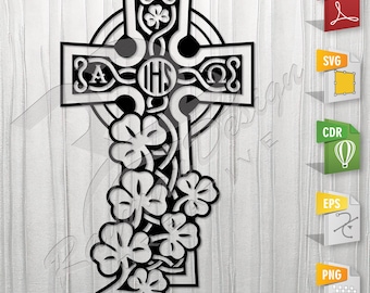 Celtic Cross with Shamrock | Irish Cross, Stencil, Outline, SVG, Vector Cut file for Printing, Cutting, Engraving.