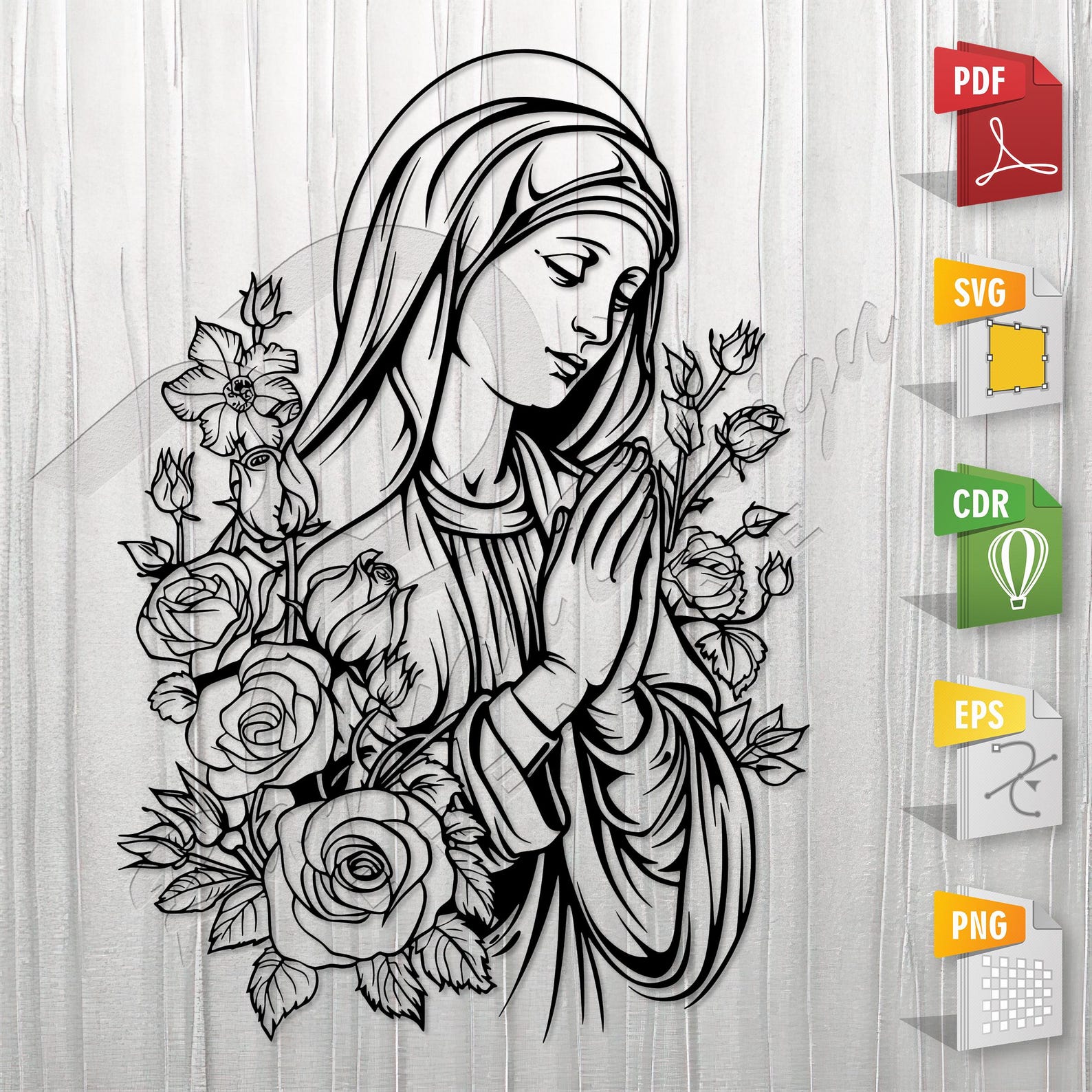 Virgin Mary and Flowers Stencil, Outline, SVG, Vector Cut File