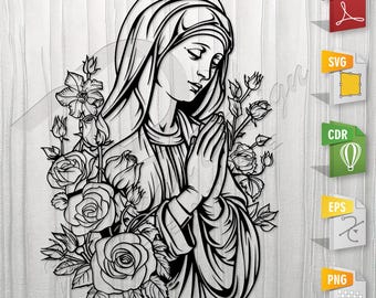 Virgin Mary and Flowers | Stencil, Outline, SVG, Vector Cut file for Printing, Cutting, Engraving.