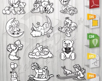 Kids - Pack 1 |  Children, Baby, Teddy, Kids Toys, Stencil, Outline, SVG, Vector Cut file for Printing, Cutting, Engraving.