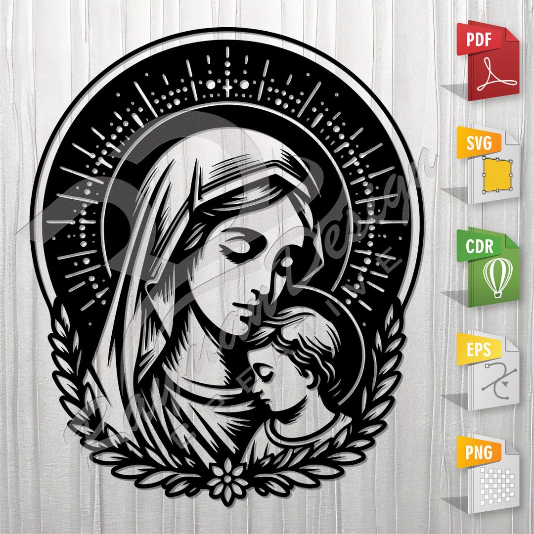 Virgin Mary and Jesus | Stencil, Outline, SVG, Vector Cut File for ...