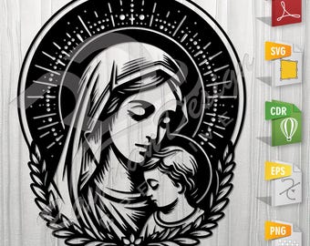 Virgin Mary and Jesus | Stencil, Outline, SVG, Vector Cut file for Printing, Cutting, Engraving.