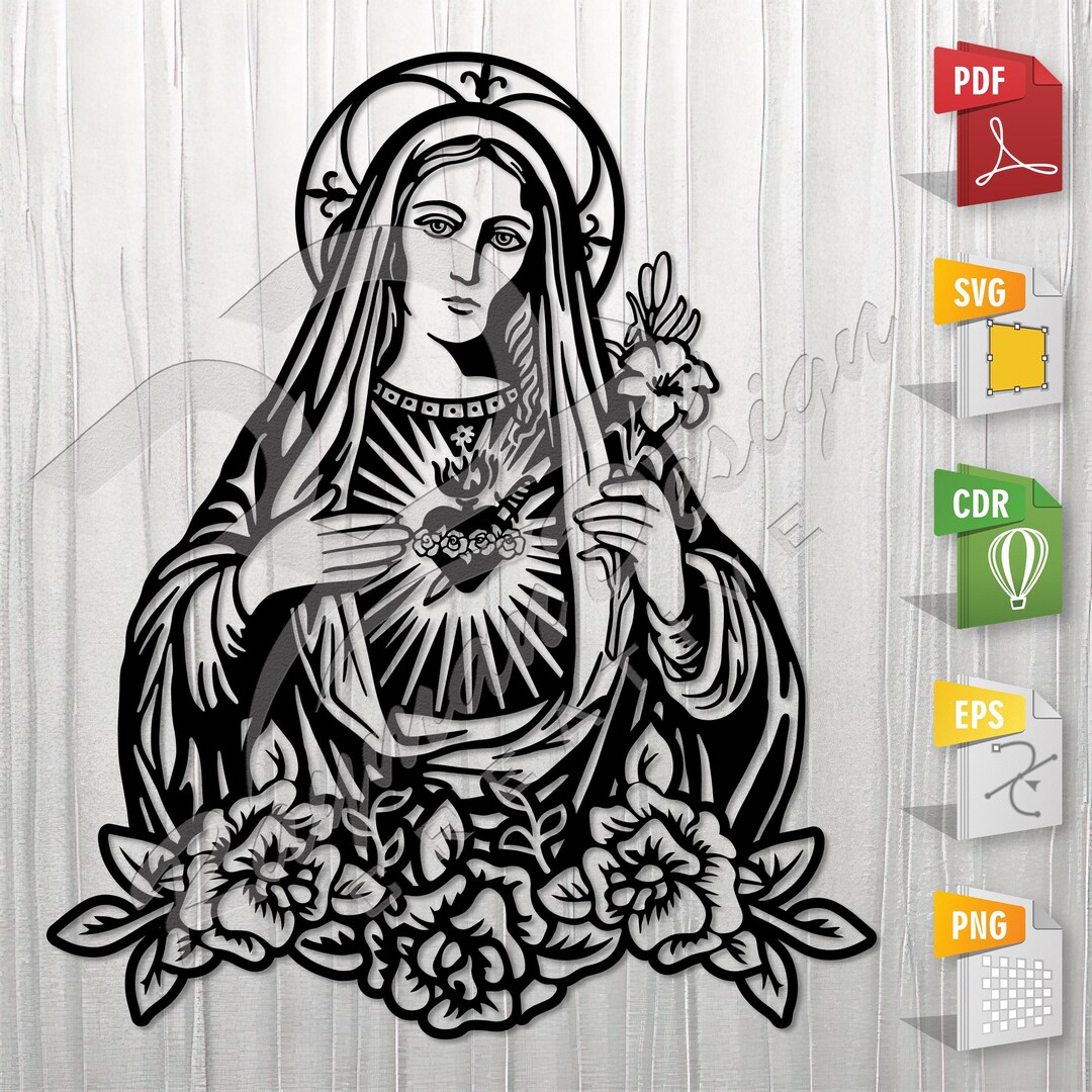 聖母マリア | 印刷、切断、彫刻用のステンシル、アウトライン、SVG