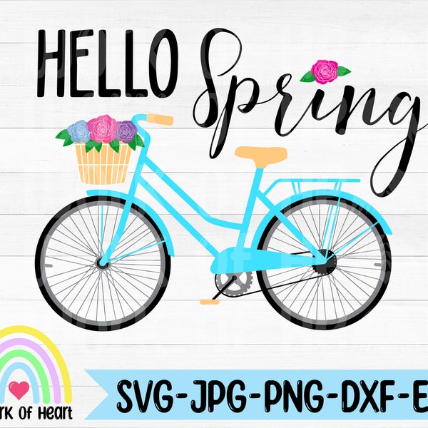 Bicycle SVG, Hello Spring SVG, Blue Bicycle, Bike, Bicycle with Basket, Flowers, Cut file, Cricut, Digital Art, Clipart, Instant Download