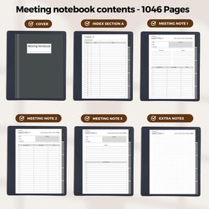 Puede incluir: Una libreta de reuniones en blanco y negro con una portada que dice "Meeting Notebook". La libreta tiene secciones para un &iacute;ndice, notas de reuniones y notas adicionales. La libreta tiene 1046 p&aacute;ginas.