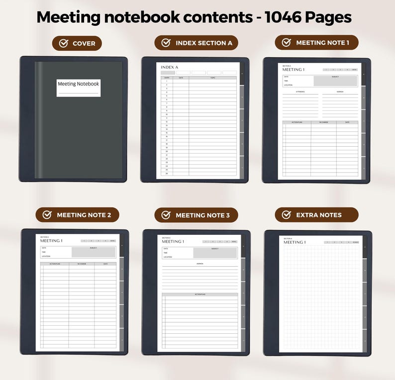 Puede incluir: Una libreta de reuniones en blanco y negro con una portada que dice "Meeting Notebook". La libreta tiene secciones para un &iacute;ndice, notas de reuniones y notas adicionales. La libreta tiene 1046 p&aacute;ginas.
