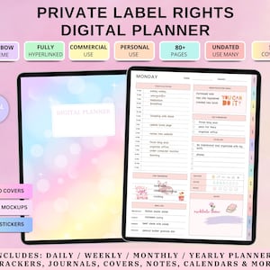 Peut inclure: Un planificateur numérique sur le thème de l'arc-en-ciel. Le planificateur comprend plus de 80 pages, 50 couvertures et plus de 1 700 autocollants numériques. Le planificateur est entièrement hyperlié et peut être utilisé à des fins commerciales ou personnelles. Le planificateur n'est pas daté et peut être utilisé à de nombreuses fins différentes. Le planificateur est affiché sur l'écran d'une tablette avec un arrière-plan flou de couleurs arc-en-ciel.