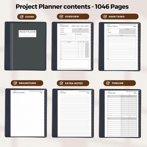 Puede incluir: Un planificador de proyectos en blanco y negro con una portada que dice "Project Planner". El planificador incluye secciones para lluvia de ideas, descripci&oacute;n general, tareas principales, notas adicionales y una l&iacute;nea de tiempo.