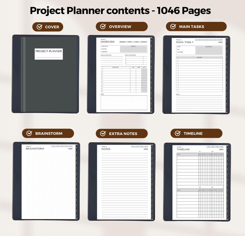Puede incluir: Un planificador de proyectos en blanco y negro con una portada que dice "Project Planner". El planificador incluye secciones para lluvia de ideas, descripci&oacute;n general, tareas principales, notas adicionales y una l&iacute;nea de tiempo.