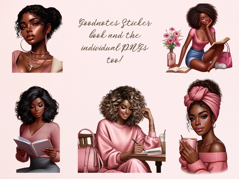 Op de afbeelding: Een digitaal stickerboek met illustraties van vier zwarte vrouwen in verschillende poses. Elke vrouw draagt roze kleding en heeft een ander kapsel. De tekst "Goodnotes Sticker book and the individual PNGs too!" staat in bruin bovenaan de afbeelding.
