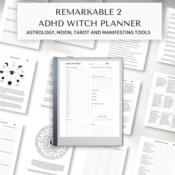 Remarkable 2 ADHD Witchy planner, ADHD-Specific Designs, Witch digital planner, Astrology, Moon, Tarot, Manifestation, Grimoire Pages