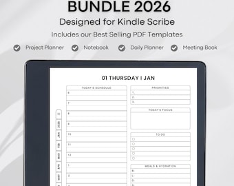Templates for Kindle Scribe Tablets, Productivity Bundle 2026 : Meeting Notes, Notebook, Project (Hyperlinked PDF), Daily Planner 2026