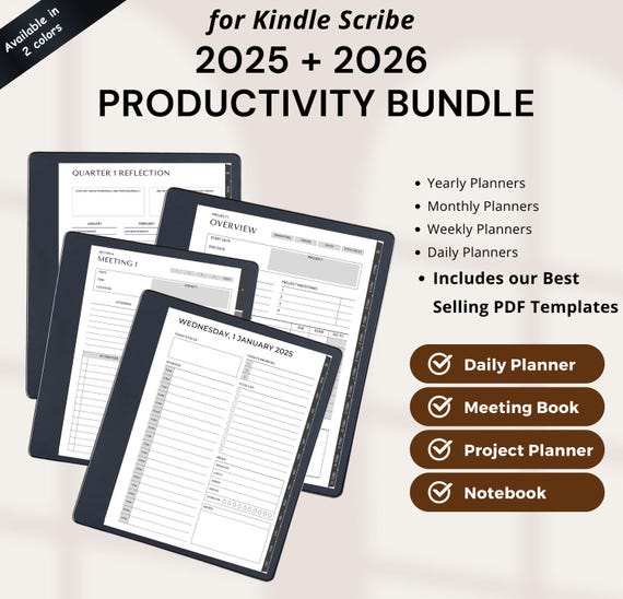 Kindle Scribe 2025, 2026 Planner Bundle: Daily Journal, Meeting Notes (Digital Notebook)