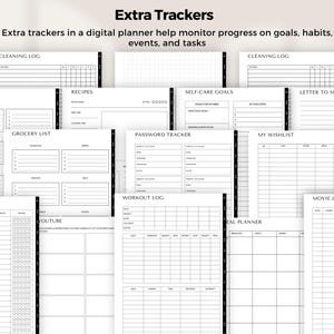 Puede incluir: Un planificador digital con varios rastreadores para la limpieza, listas de la compra, recetas, objetivos de autocuidado, contrase&ntilde;as, entrenamientos, planificaci&oacute;n de comidas y mucho m&aacute;s. El planificador est&aacute; dise&ntilde;ado para ayudar a los usuarios a controlar el progreso de sus objetivos, h&aacute;bitos, eventos y tareas.