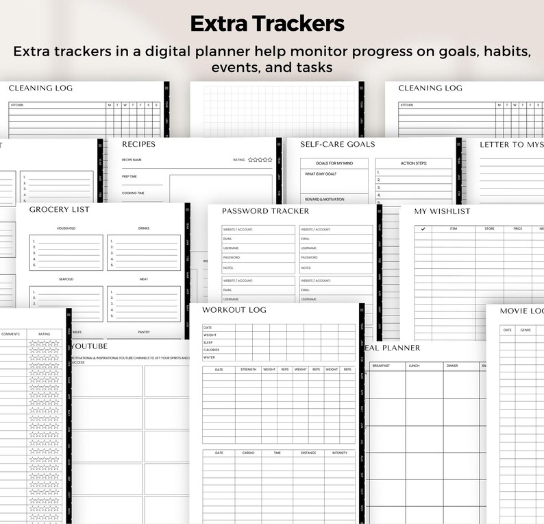 Puede incluir: Un planificador digital con varios rastreadores para la limpieza, listas de la compra, recetas, objetivos de autocuidado, contrase&ntilde;as, entrenamientos, planificaci&oacute;n de comidas y mucho m&aacute;s. El planificador est&aacute; dise&ntilde;ado para ayudar a los usuarios a controlar el progreso de sus objetivos, h&aacute;bitos, eventos y tareas.