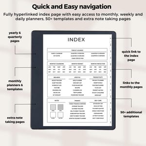 Puede incluir: Una imagen en blanco y negro de un planificador digital con una pantalla que muestra una p&aacute;gina de &iacute;ndice. La p&aacute;gina de &iacute;ndice est&aacute; dividida en secciones para planificadores anuales, trimestrales, mensuales y diarios. El texto "INDEX" est&aacute; en la parte superior de la p&aacute;gina. La imagen est&aacute; etiquetada con texto que describe las caracter&iacute;sticas del planificador, como "p&aacute;ginas anuales y trimestrales", "planificadores mensuales y plantillas", y "p&aacute;ginas adicionales para tomar notas".