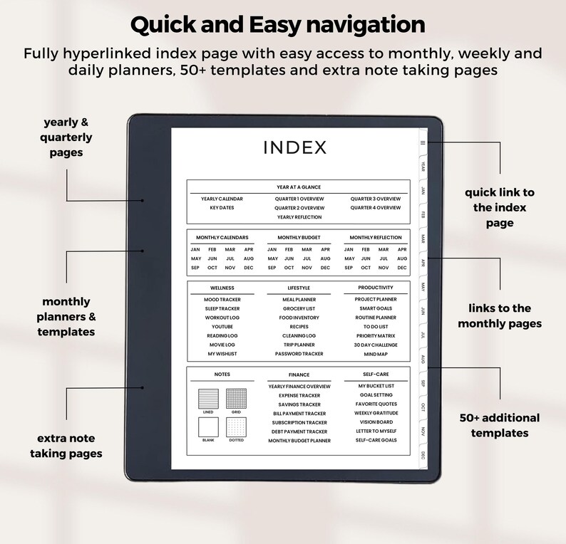 Puede incluir: Una imagen en blanco y negro de un planificador digital con una pantalla que muestra una p&aacute;gina de &iacute;ndice. La p&aacute;gina de &iacute;ndice est&aacute; dividida en secciones para planificadores anuales, trimestrales, mensuales y diarios. El texto "INDEX" est&aacute; en la parte superior de la p&aacute;gina. La imagen est&aacute; etiquetada con texto que describe las caracter&iacute;sticas del planificador, como "p&aacute;ginas anuales y trimestrales", "planificadores mensuales y plantillas", y "p&aacute;ginas adicionales para tomar notas".