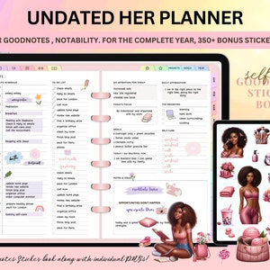 May include: A digital planner for Goodnotes and Notability with a pink and white design. The planner includes a daily schedule, to-do list, intention for today, daily affirmation, top priorities, self-care, notes and ideas, and a motivational quote. The planner also includes a sticker book with illustrations of a woman in various poses and a pink and white color scheme.
