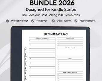 Templates for Kindle Scribe Tablets, Productivity Bundle 2026 : Meeting Notes, Notebook, Project (Hyperlinked PDF), Daily Planner 2026