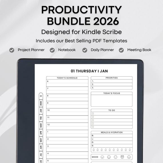 Templates for Kindle Scribe Tablets, Productivity Bundle 2026 : Meeting Notes, Notebook, Project (Hyperlinked PDF), Daily Planner 2026