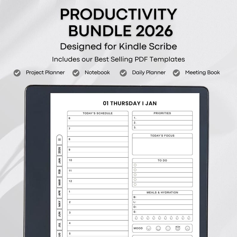 Templates for Kindle Scribe Tablets, Productivity Bundle 2026 : Meeting Notes, Notebook, Project (Hyperlinked PDF), Daily Planner 2026 image 1