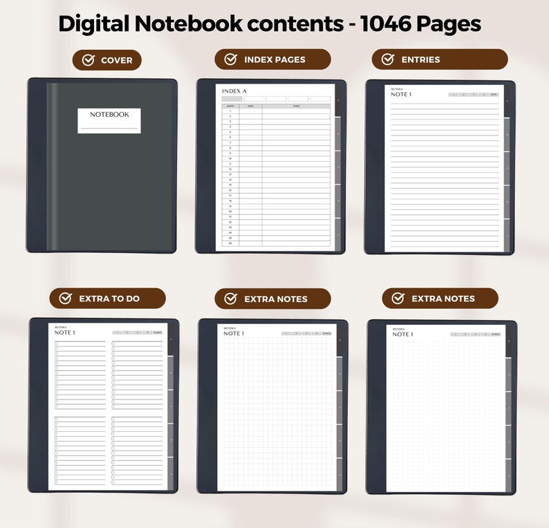 Puede incluir: Un cuaderno digital con 1046 p&aacute;ginas. El cuaderno tiene una portada, p&aacute;ginas de &iacute;ndice, entradas, p&aacute;ginas adicionales para hacer y p&aacute;ginas adicionales para notas. El cuaderno es blanco y negro.
