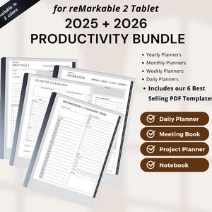 reMarkable 2 2025, 2026 Planner Templates: Productivity Bundle (PDF)