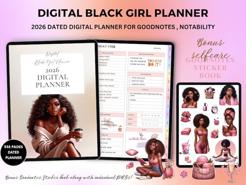 Black Girl Planner, 2026 Digital Planner, Life Planner, Daily Planner, Weekly Planner, Monthly Planner iPad, GoodNotes Notability image 1