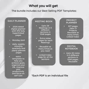Templates for Kindle Scribe Tablets, Productivity Bundle 2026 : Meeting Notes, Notebook, Project (Hyperlinked PDF), Daily Planner 2026 image 5