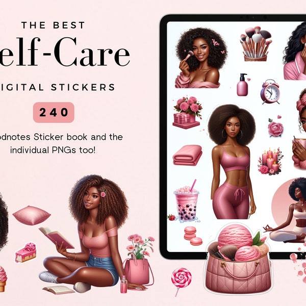 Black Girl Self Care Digital Stickers, Digital Planner Stickers, Skincare Stickers | Precropped GoodNotes Stickers for Dark Skin Tones