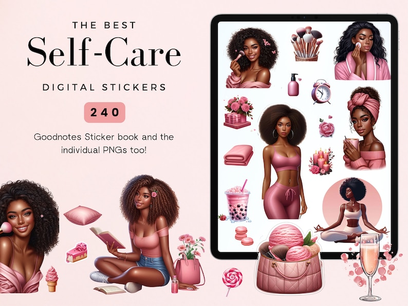 Op de afbeelding: Een digitale stickerset met 240 illustraties met als thema zelfzorg. De stickers tonen vrouwen van kleur die verschillende activiteiten uitvoeren, zoals make-up aanbrengen, sporten en ontspannen. De stickers zijn ontworpen voor gebruik in digitale planners en notitie-apps.