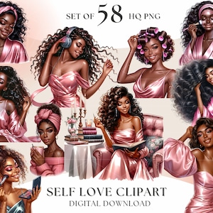 Self Care Clipart, Watercolor Cozy Clipart, Black Woman Clipart, Self Love Clipart, Pretty Girl Clipart, Planner Girl Clipart