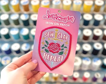 Sew Slay Repeat - Holographic Embroidered Patch | Sparkly Pink & Purple Cosplay Iron-On Patch | Handmade Accessory