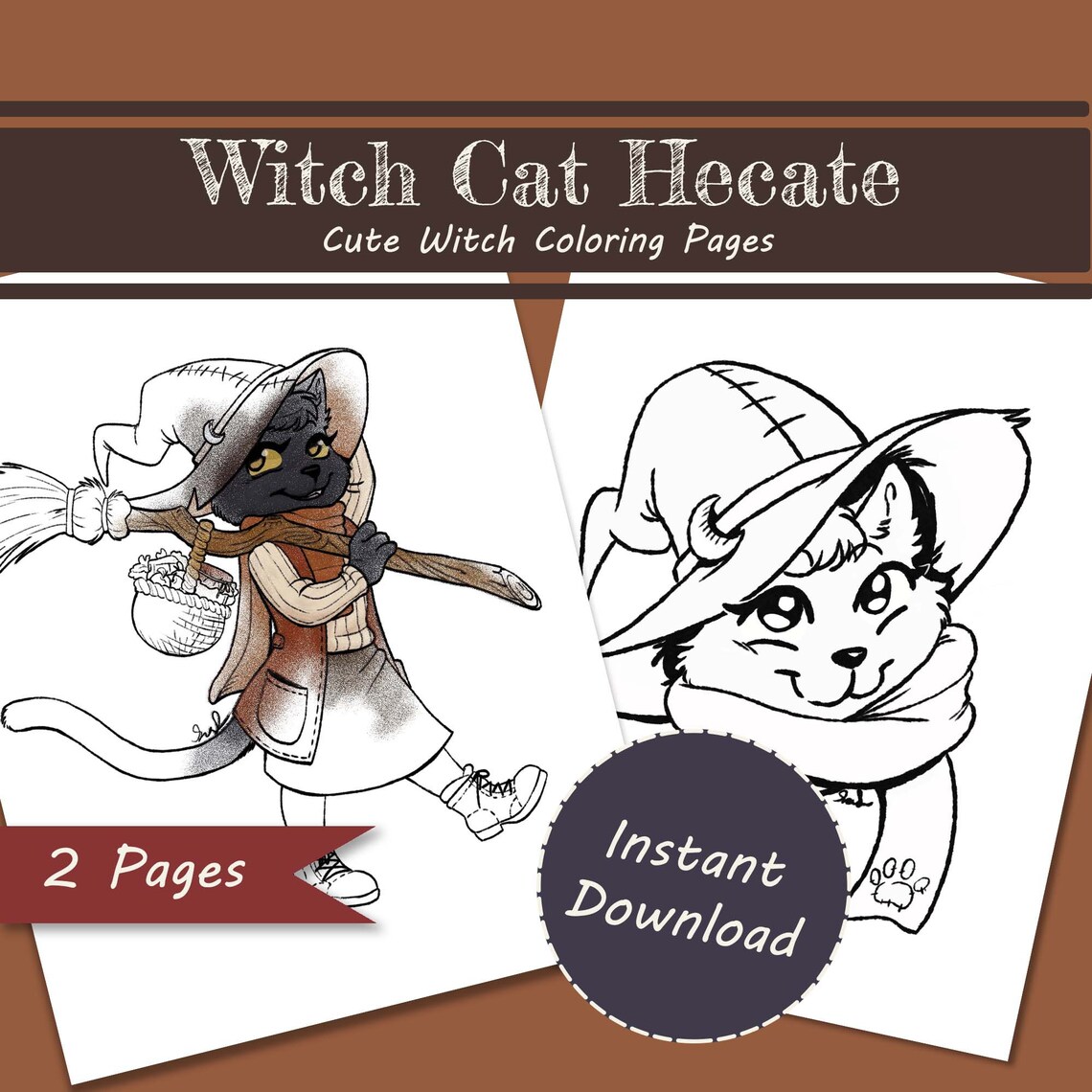 Printable Witch Cat Coloring Pages - Etsy