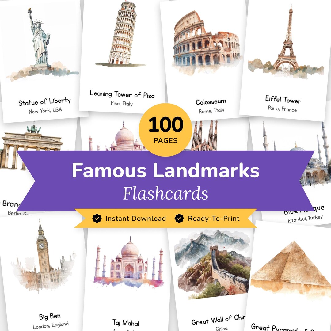 World Landmarks Flashcards Printable for Kids Ages 4–10 | 100 Geography ...