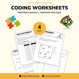 Coding Worksheets Bundle (Ages 7-10) | Binary, Space Mission, Pixel Art, Patterns (Printable PDF)
