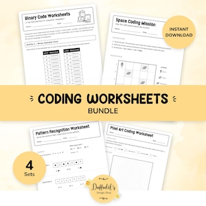 Coding Worksheets Bundle | Binary, Space Mission, Pixel Art, Patterns (Printable PDF)