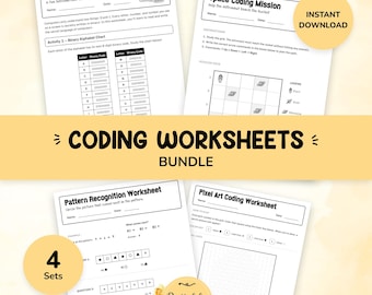 Coding Worksheets Bundle | Binary, Space Mission, Pixel Art, Patterns (Printable PDF)