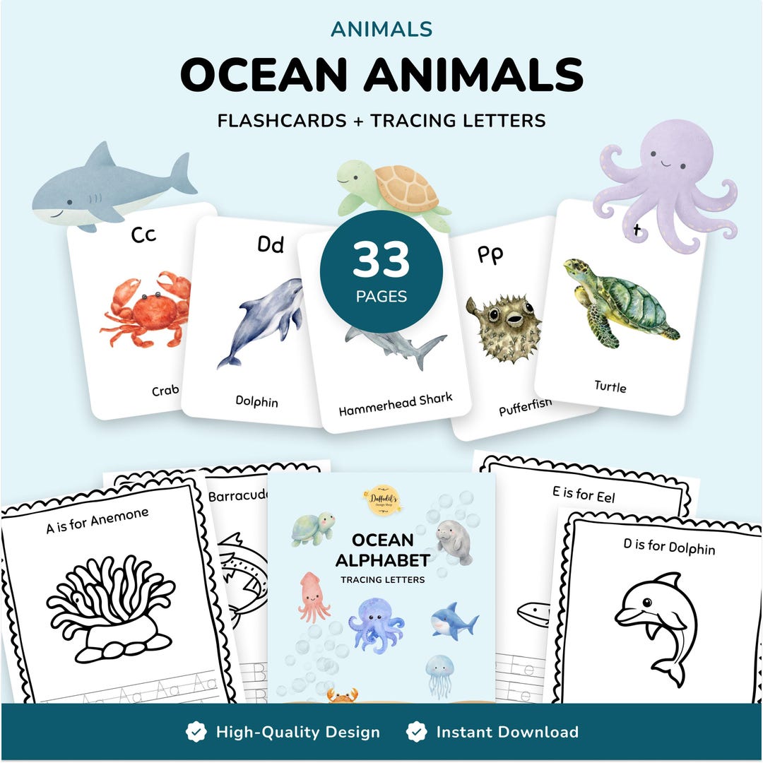 Ocean Animals Alphabet Flashcards | Montessori ABC Tracing Printable ...