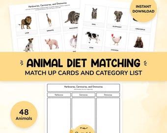 動物の食性マッチングアクティビティ | 草食動物、肉食動物、雑食動物ワークシート | モンテッソーリ分類カード | 印刷可能な科学アクティビティ