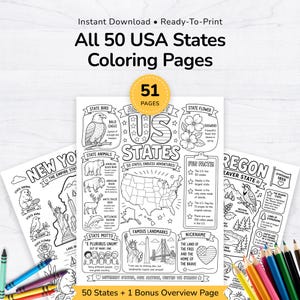 Puede incluir: Un libro para colorear listo para imprimir con los 50 estados de EE. UU. Cada página incluye animales estatales, aves, flores, monumentos y datos curiosos. La portada muestra el título, "All 50 USA States Coloring Pages", e incluye una página de resumen adicional. Se ven lápices de colores.