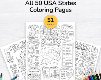 May include: A ready-to-print coloring book featuring all 50 USA states. Each page includes state animals, birds, flowers, landmarks, and fun facts. The cover displays the title, "All 50 USA States Coloring Pages," and includes a bonus overview page. Colored pencils are visible.