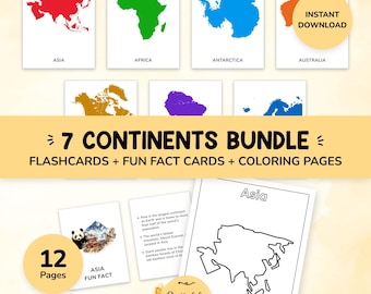 7大陸フラッシュカードセット｜地理学習、楽しい豆知識、塗り絵（PDF）