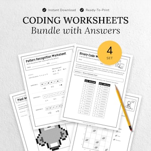 Könnte beinhalten: Ein Bündel von Coding-Arbeitsblättern mit Lösungen, einschließlich Mustererkennungs- und Binärcode-Übungen. Die Arbeitsblätter sind auf weißem Papier mit schwarzem Text und Illustrationen gedruckt. Ein gelber Bleistift liegt auf den Arbeitsblättern.