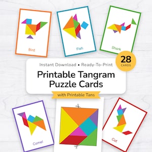 May include: A collection of printable tangram puzzle cards featuring colorful geometric shapes arranged to form animals like a bird, fish, and cat. The cards are labeled with the animal names and include the text "28 Cards".