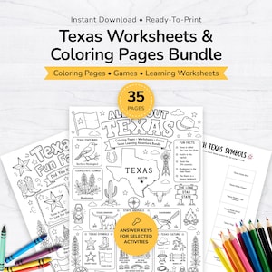 Può includere: Un pacchetto di fogli di lavoro e pagine da colorare a tema Texas. Il pacchetto include pagine da colorare, giochi e fogli di lavoro didattici. L'immagine presenta il testo "Texas Worksheets & Coloring Pages Bundle" e "35 Pages". Sono visibili delle matite colorate.
