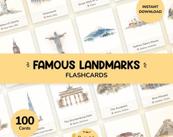 100 Famous Landmarks Flashcards | Watercolor World Geography Learning (PDF Download)